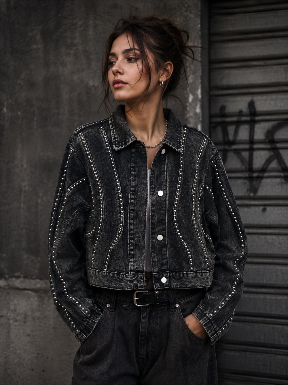 Ce More Studded Black Denim Cropped Jacket